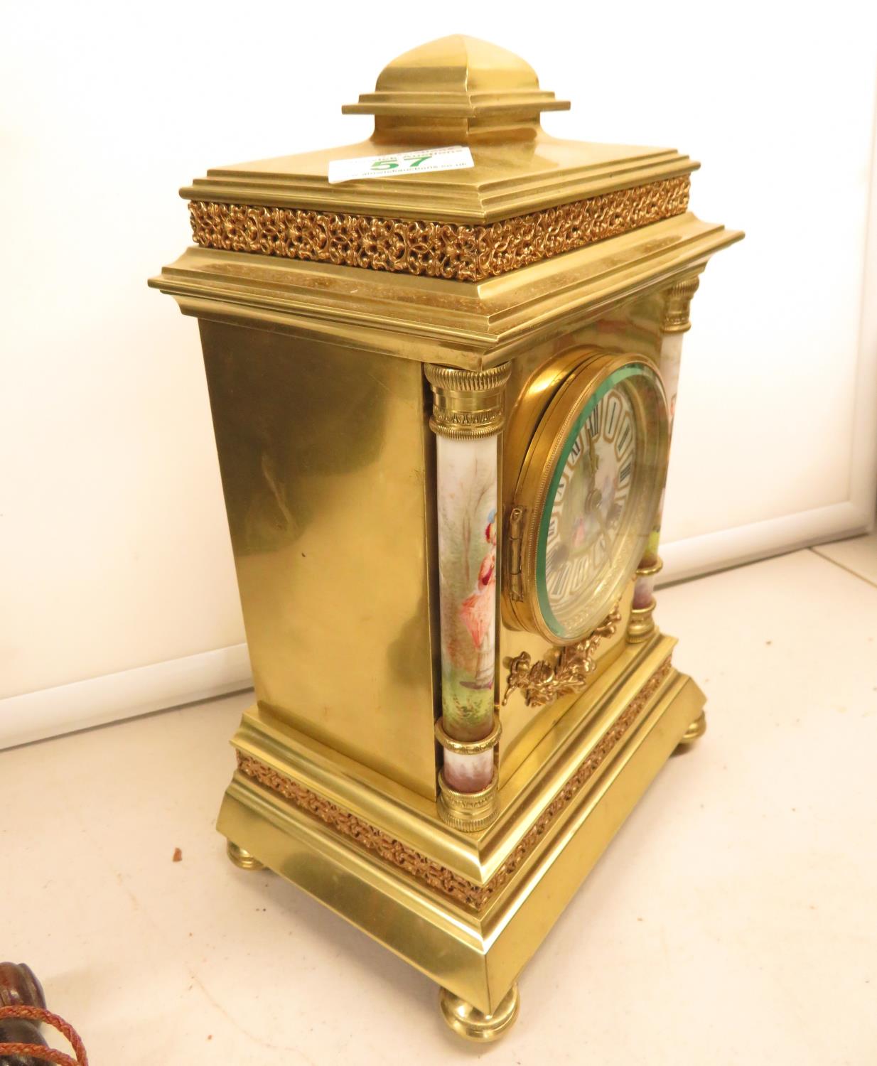 Fully working gilded with ceramic pillars clock beautiful ceramic dial hand painted 11" high - Bild 3 aus 3