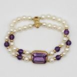 9ct amethyst and cultured pearl bracelet 19g