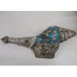 Large silver and turquoise conch 21" long with intricate silver work possibly Tibetan - still