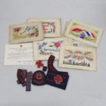 Badges and collection of WWI silk greetings cards