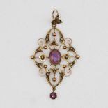 9ct antique amethyst and seed pearl pendant boxed