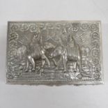 Indian silver 9" x 6" cigar box - designed with two fighting elephants