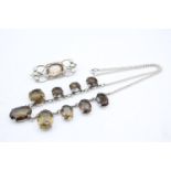 2 x sterling silver smoky quartz jewellery including necklace and brooch (34g)