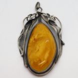 Silver and Butterscotch Amber pendant with leaf detail 26.6g