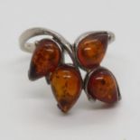 Silver and amber ornate ring size Q 4.1g
