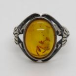 Silver ring with amber stone size O 3.8g