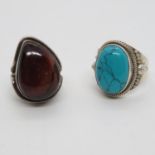 2x large silver rings 1x with amber stone Size F and one with turquoise stone Size R 17.8g