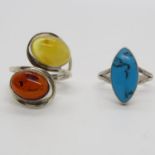 Pair of Silver Rings, 1x amber and 1x turquoise sizes U and R 11.8g total weight