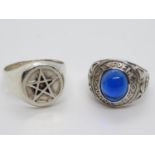 Two chunky silver rings one with blue stone one with Star of David sizes Z and S 20g