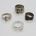 Four silver buckle detail rings sizes 2x U, T and O 21.8g total weight