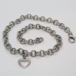 Silver round link neck chain with heart pendant 43cm long 56.1g