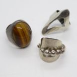 Three silver rings with large coloured stones sizes P and R. 12.8g total weight