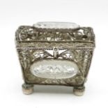 Filigree silver and etched glass trinket box 3" long x 2" high