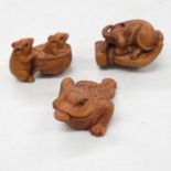 3x signed carved wooden Netsuke