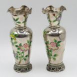 2x Chinese HM silver vases 5.5" tall with enamelled floral decoration - slight knock to one of the