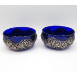 Set of blue glass lined bowls with Chinese silver HM fittings - Chinese HM say Zeewo - bowls measure
