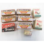 Original Sunlight Soap bars in boxes and Colemans Starch and Robins starch. Bars measure 6" long