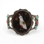 Turquoise coral and shell bird motif silver bangle 28.2g