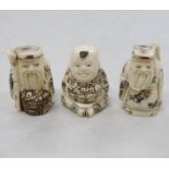 3x carved ivory figures 2" high