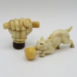 3" kitten playing with ball in ivory and 2" carved hand in ivory with cane handle