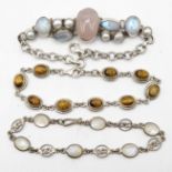 3x stone set bracelets - rose quartz, peals, moonstone and tigers eye 14.8g