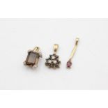 3 x 9ct gold gemstone set pendants inc. sapphire, opal, ruby, smoky quartz & diamond (3.5g)