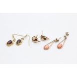 3 x 9ct gold vintage gemstone paired drop earrings inc. garnet, pearl & coral (2.6g)
