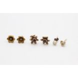 3 x 9ct gold vintage gemstone paired stud earrings inc. topaz, diamond & ruby (2.1g)