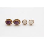 2 x 9ct gold gemstone set rope bordered paired stud earrings inc. opal & amethyst (2.8g)