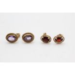 2 x 9ct gold gemstone solitaire paired stud earrings inc. garnet & amethyst (1.9g)
