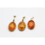 2 x 9ct gold amber solitaire pendant & drop earrings set (8.1g)