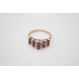 9ct gold ruby & diamond triple row ring (2.4g) Size P