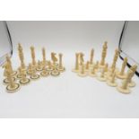 Beautifully carved 3" Queen ivory chess set from 1800's possibly Indian with inlaid chess board