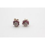 9ct gold vintage ruby & diamond halo stud earrings (2.3g)