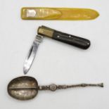 Early bookmark with silver, silver spoon and early wood handled penknife