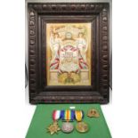 WWI trio to 9096 Pte. GE Kirk of Suffolk Regiment mounted on board along with a framed ceramic