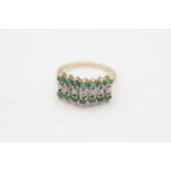 9ct gold diamond & emerald triple row ring (2.2g) Size N