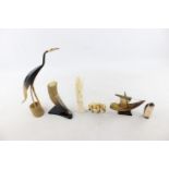 6 x Antique / Vintage Ivory, Bone & Horn Ornaments Inc. Hand Carved, Animals Etc