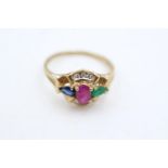 9ct gold ruby, emerald, sapphire, & diamond dress ring (2.8g) size Q
