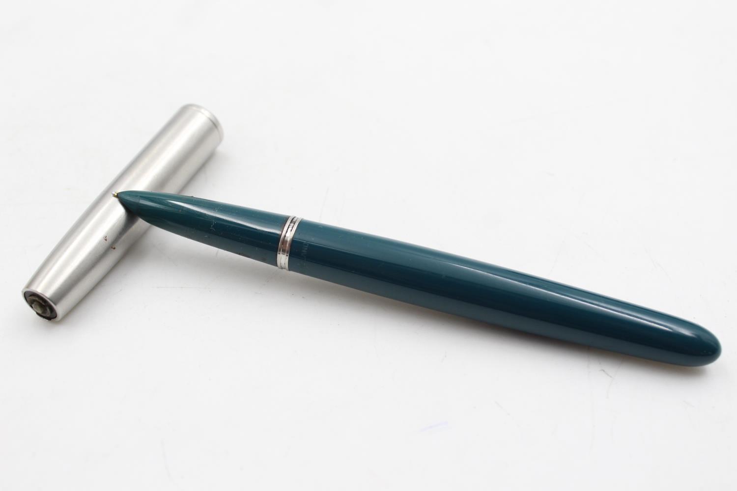 Vintage PARKER 51 Teal FOUNTAIN PEN w/ Brushed Steel Cap WRITING Original Box - Bild 4 aus 6