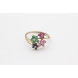 9ct gold emerald, ruby, sapphire & diamond floral set ring (2g) size Q