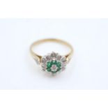 9ct gold emerald & diamond floral cluster ring (3.3g) size Q