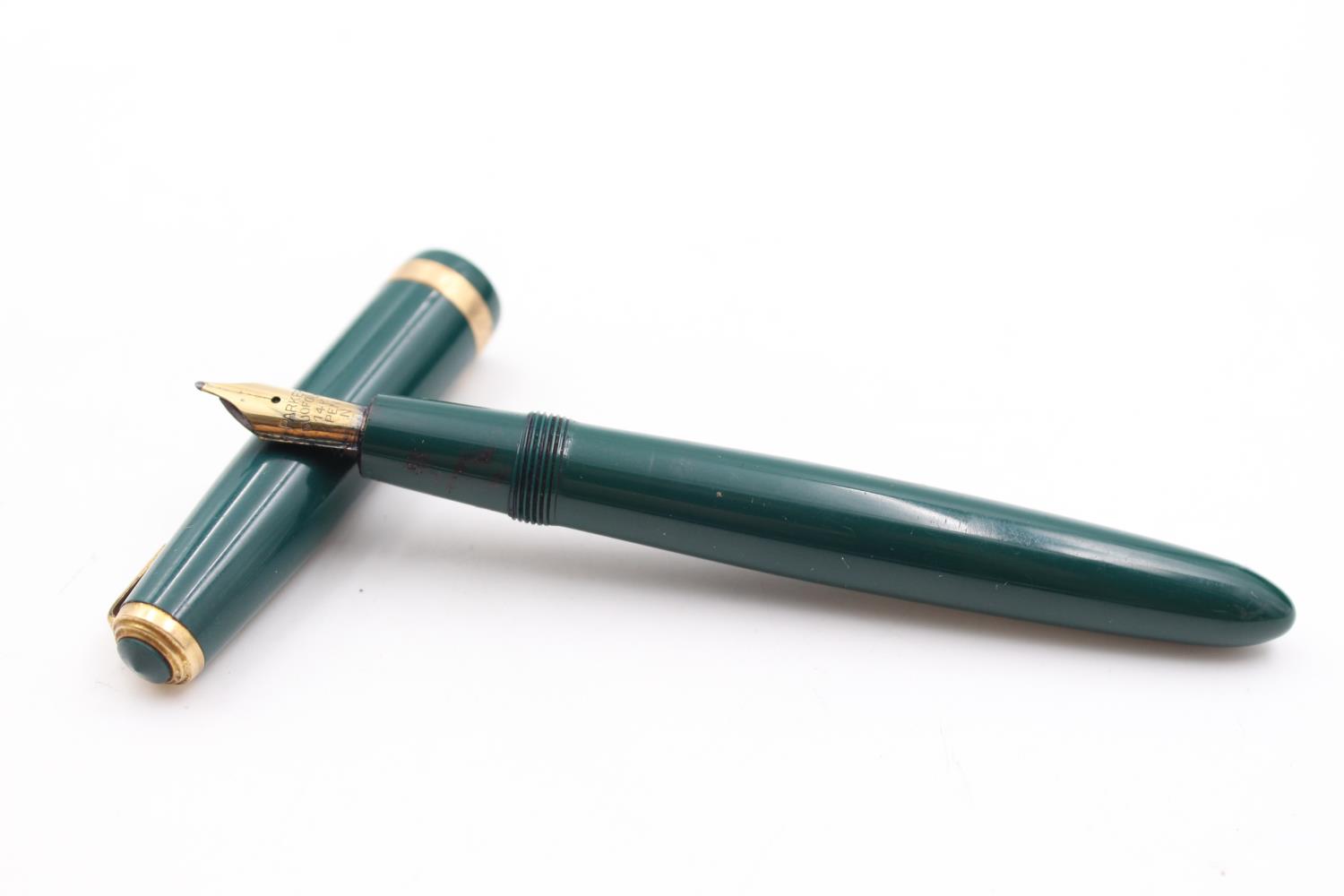 Vintage PARKER Duofold Green FOUNTAIN PEN w/ 14ct Gold Nib WRITING