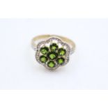 9ct gold diopside & diamond floral halo cocktail ring (3.6g) size R