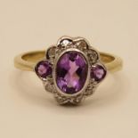 Art Deco style 9ct gold diamond and amethyst ring size O 3.2g