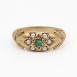 9ct gold antique emerald and pearl gypsy set ring size P 2.2g