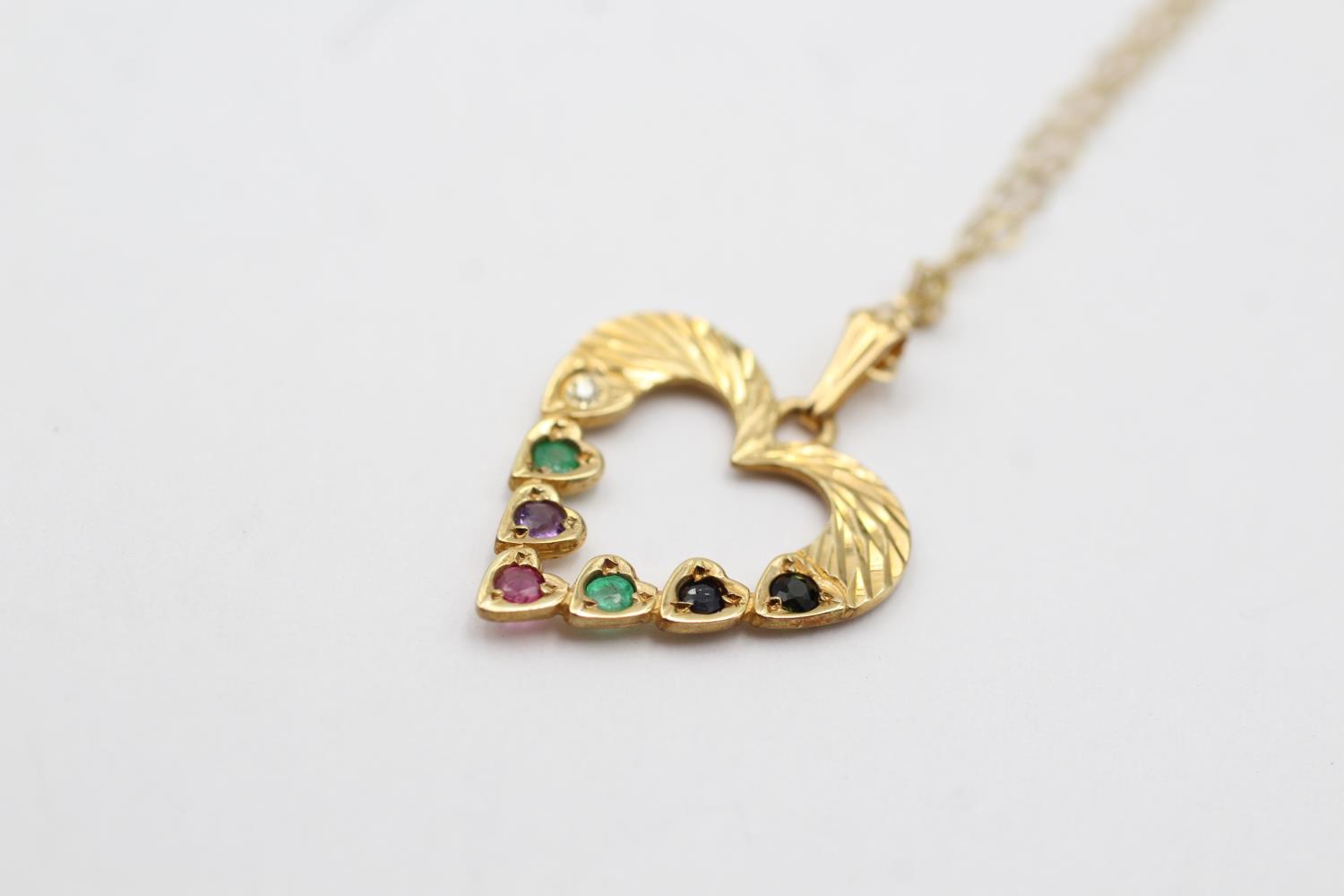 9ct gold vintage diamond, emerald, ruby, saphire, tourmailne & amethyst 'dearest' pendant (1.4g) - Image 3 of 4