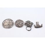 4 X Silver Norse Viking Styled Brooches (38g)