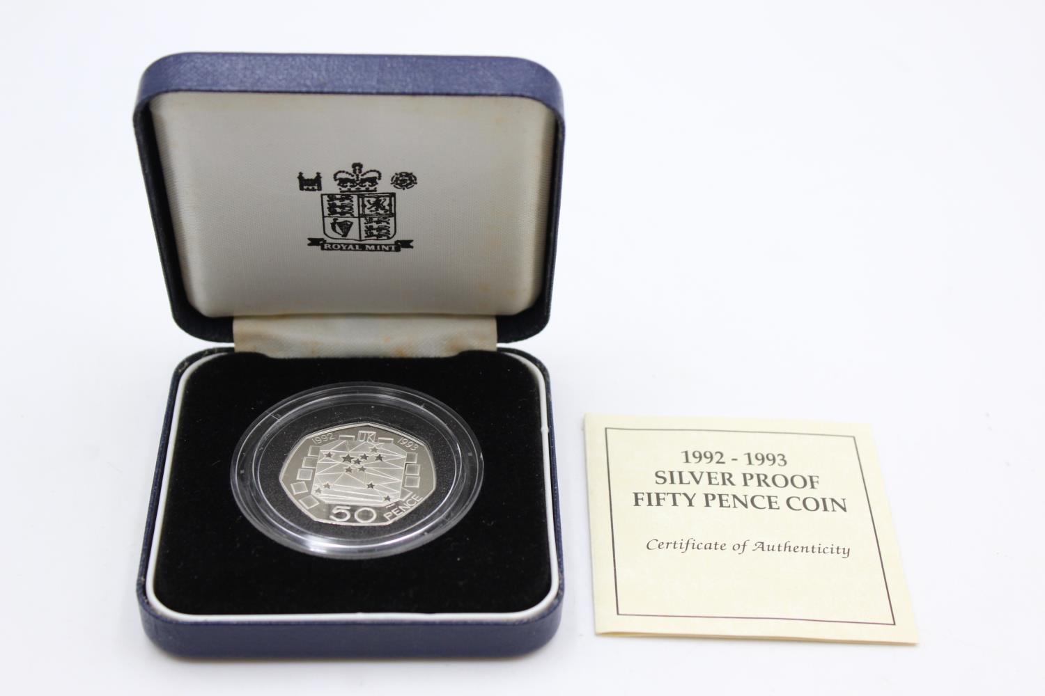 ROYAL MINT .925 STERLING SILVER Proof 1992-1993 50 Pence Coin Boxed (13g)
