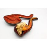 Antique Carved MEERSCHAUM Figural Estate Smoking Pipe in Original Fitted Case